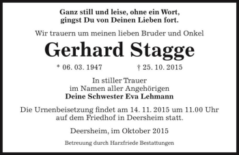 Traueranzeige von Gerhard Stagge  von Magdeburger Volksstimme