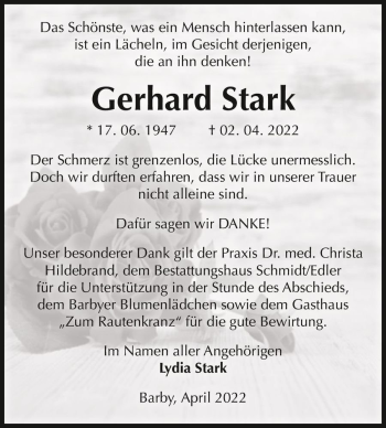 Traueranzeige von Gerhard Stark  von Magdeburger Volksstimme