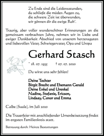 Traueranzeige von Gerhard Stasch  von Magdeburger Volksstimme