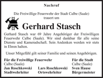 Traueranzeige von Gerhard Stasch  von Magdeburger Volksstimme