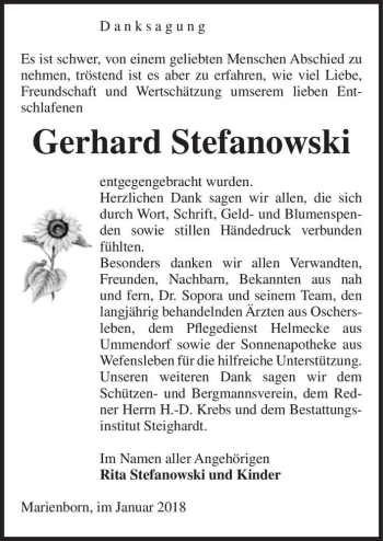 Traueranzeige von Gerhard Stefanowski  von Magdeburger Volksstimme