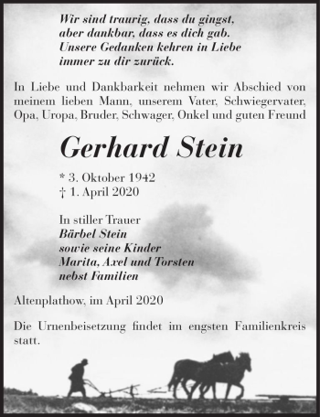 Traueranzeige von Gerhard Stein  von Magdeburger Volksstimme