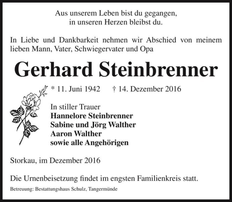  Traueranzeige für Gerhard Steinbrenner  vom 17.12.2016 aus Magdeburger Volksstimme