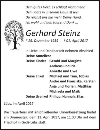 Traueranzeige von Gerhard Steinz  von Magdeburger Volksstimme