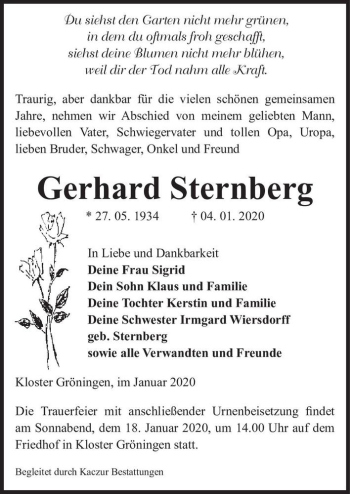 Traueranzeige von Gerhard Sternberg  von Magdeburger Volksstimme