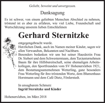 Traueranzeige von Gerhard Sternitzke  von Magdeburger Volksstimme