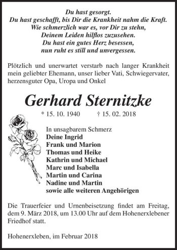 Traueranzeige von Gerhard Sternitzke  von Magdeburger Volksstimme
