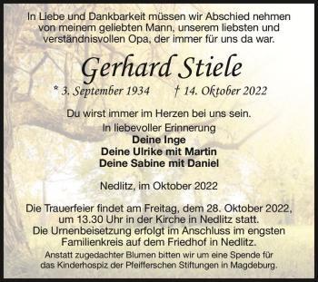 Traueranzeige von Gerhard Stiele  von Magdeburger Volksstimme