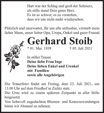Traueranzeige von Gerhard Stoib  von Magdeburger Volksstimme