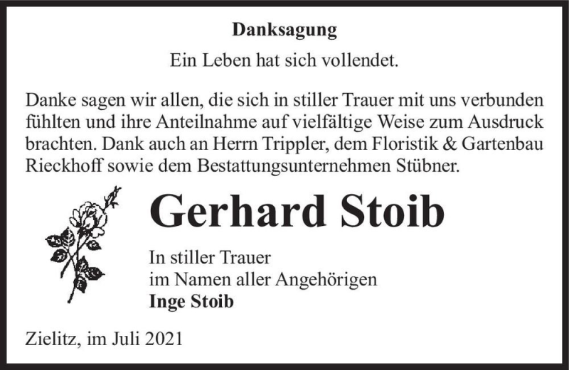  Traueranzeige für Gerhard Stoib  vom 07.08.2021 aus Magdeburger Volksstimme