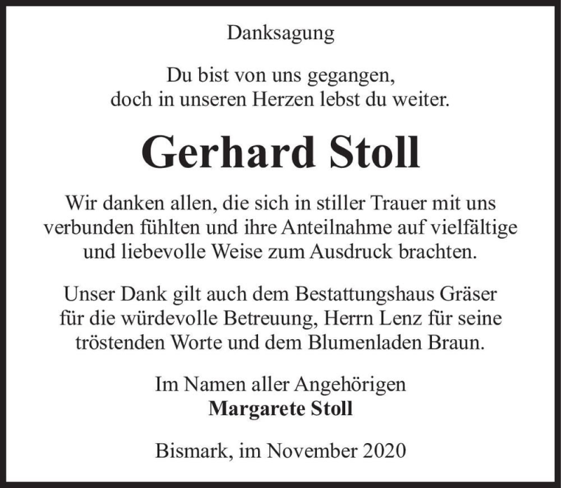  Traueranzeige für Gerhard Stoll  vom 21.11.2020 aus Magdeburger Volksstimme