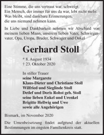 Traueranzeige von Gerhard Stoll  von Magdeburger Volksstimme