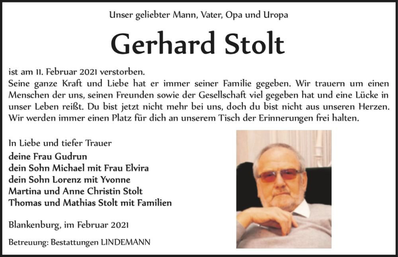  Traueranzeige für Gerhard Stolt  vom 20.02.2021 aus Magdeburger Volksstimme
