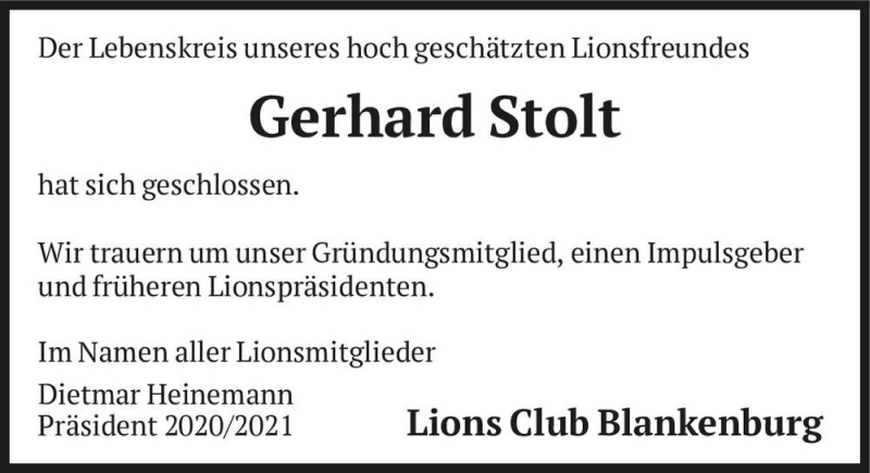  Traueranzeige für Gerhard Stolt  vom 18.02.2021 aus Magdeburger Volksstimme