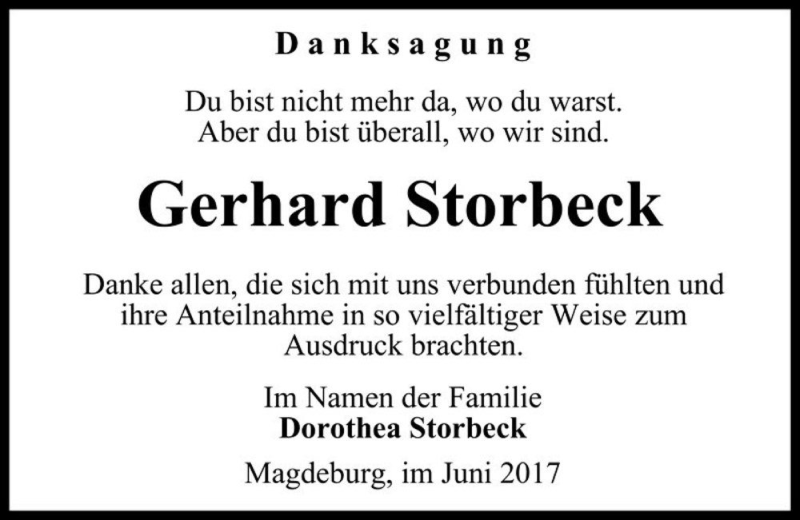 Traueranzeige für Gerhard Storbeck  vom 15.07.2017 aus Magdeburger Volksstimme