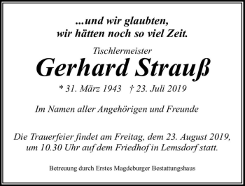 Traueranzeige von Gerhard Strauß  von Magdeburger Volksstimme