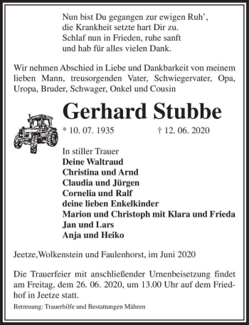 Traueranzeige von Gerhard Stubbe  von Magdeburger Volksstimme