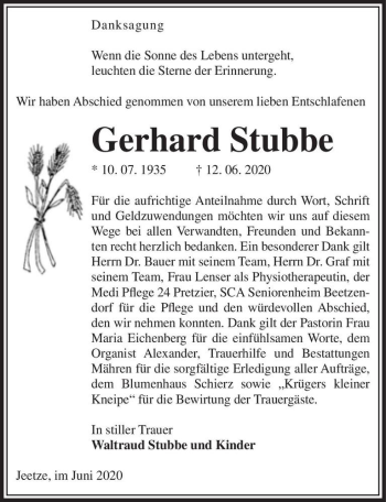 Traueranzeige von Gerhard Stubbe  von Magdeburger Volksstimme