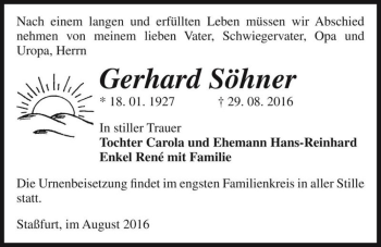 Traueranzeige von Gerhard Söhner  von Magdeburger Volksstimme