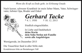 Traueranzeige von Gerhard Tacke  von Magdeburger Volksstimme