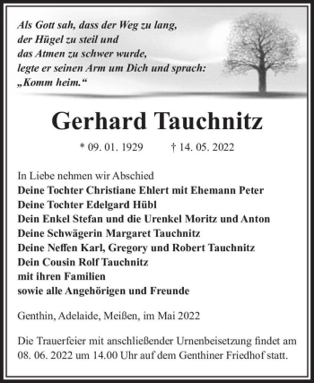 Traueranzeige von Gerhard Tauchnitz  von Magdeburger Volksstimme