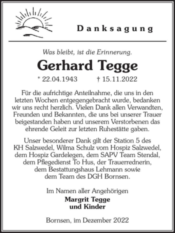 Traueranzeige von Gerhard Tegge  von Magdeburger Volksstimme