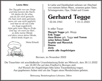 Traueranzeige von Gerhard Tegge  von Magdeburger Volksstimme