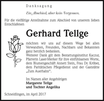 Traueranzeige von Gerhard Tellge  von Magdeburger Volksstimme
