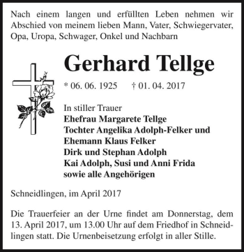 Traueranzeige von Gerhard Tellge  von Magdeburger Volksstimme