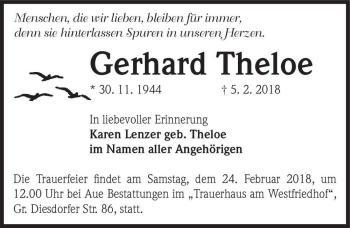 Traueranzeige von Gerhard Theloe  von Magdeburger Volksstimme