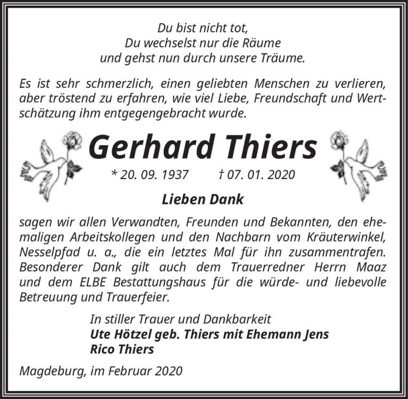  Traueranzeige für Gerhard Thiers  vom 01.02.2020 aus Magdeburger Volksstimme