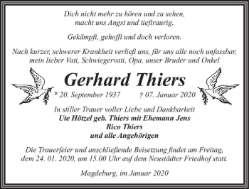 Traueranzeige von Gerhard Thiers  von Magdeburger Volksstimme