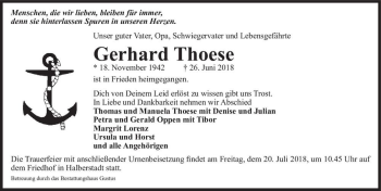 Traueranzeige von Gerhard Thoese  von Magdeburger Volksstimme