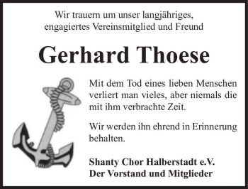 Traueranzeige von Gerhard Thoese  von Magdeburger Volksstimme