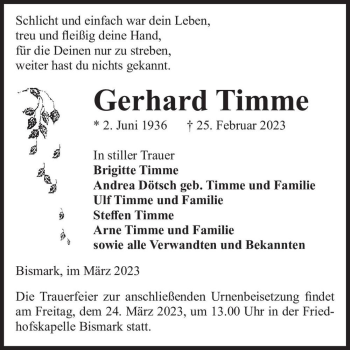 Traueranzeige von Gerhard Timme  von Magdeburger Volksstimme