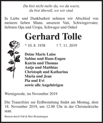 Traueranzeige von Gerhard Tolle  von Magdeburger Volksstimme