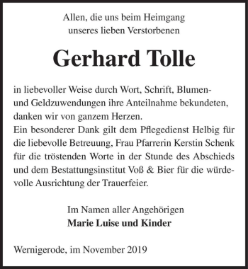 Traueranzeige von Gerhard Tolle  von Magdeburger Volksstimme