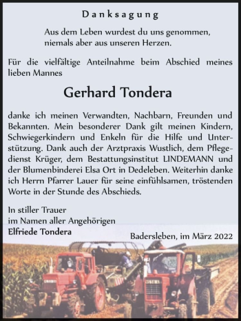 Traueranzeige von Gerhard Tondera  von Magdeburger Volksstimme
