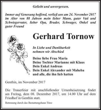 Traueranzeige von Gerhard Tornow  von Magdeburger Volksstimme