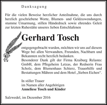Traueranzeige von Gerhard Tosch  von Magdeburger Volksstimme