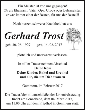 Traueranzeige von Gerhard Trost  von Magdeburger Volksstimme