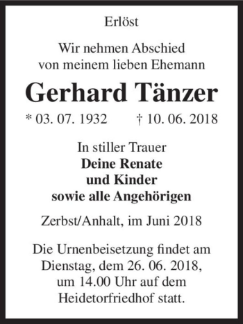 Traueranzeige von Gerhard Tänzer  von Magdeburger Volksstimme