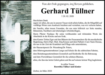 Traueranzeige von Gerhard Tüllner  von Magdeburger Volksstimme