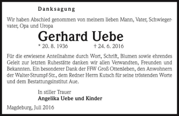 Traueranzeige von Gerhard Uebe  von Magdeburger Volksstimme