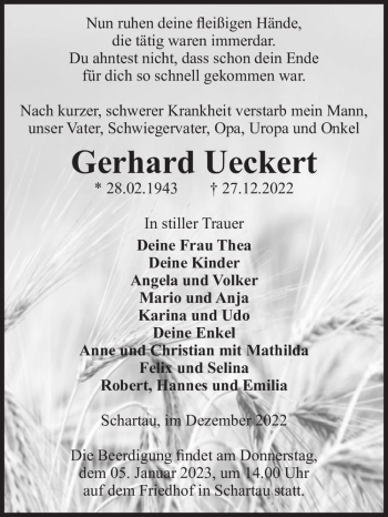 Traueranzeige von Gerhard Ueckert  von Magdeburger Volksstimme