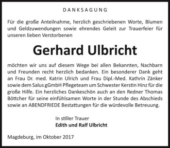 Traueranzeige von Gerhard Ulbricht  von Magdeburger Volksstimme