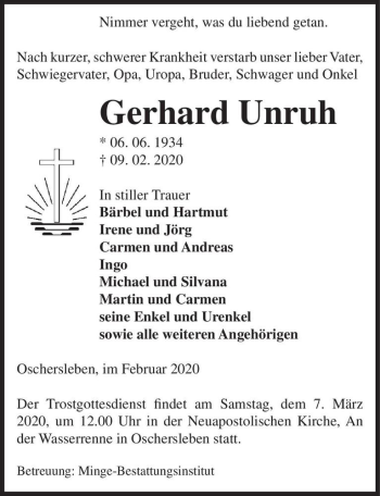 Traueranzeige von Gerhard Unruh  von Magdeburger Volksstimme