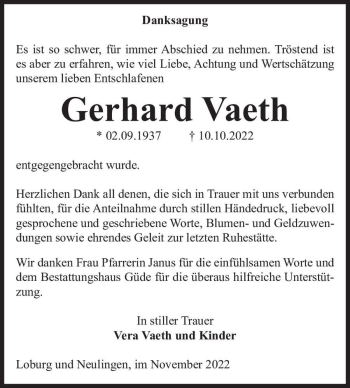 Traueranzeige von Gerhard Vaeth  von Magdeburger Volksstimme