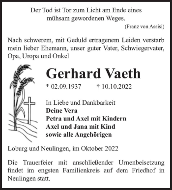 Traueranzeige von Gerhard Vaeth  von Magdeburger Volksstimme