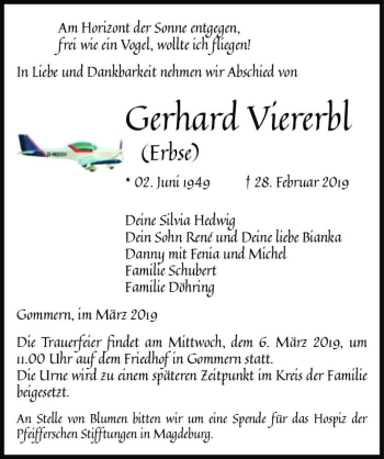 Traueranzeige von Gerhard Viererbl (Erbse)  von Magdeburger Volksstimme